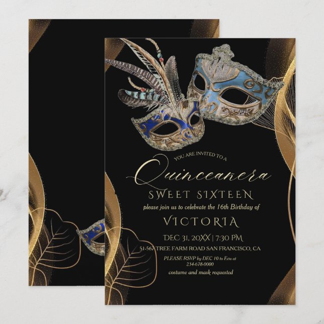 Quinceañera Black Gold Masquerade Birthday Party Invitation (Front/Back)