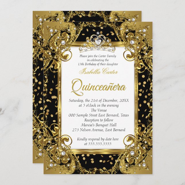 Quinceanera Black Gold Pearl Tiara sparkle Invitation (Front/Back)