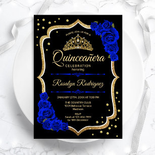 Quinceanera - Black Gold Royal Blue Invitation