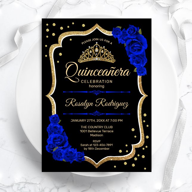Quinceanera - Black Gold Royal Blue Invitation