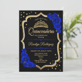 Quinceanera - Black Gold Royal Blue Invitation (Standing Front)