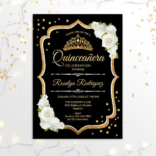 Quinceanera - Black Gold White Invitation