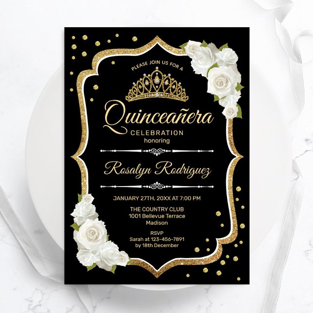 Quinceanera - Black Gold White Invitation (Creator Uploaded)