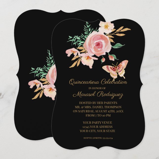 Quinceañera Black n Blush Butterfly w Flowers Gold Invitation (Front/Back)