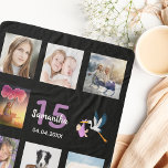Quinceanera black photo collage name sherpa blanket<br><div class="desc">A gift for a girl's 15th birthday,  celebrating her life with a collage of 8 of your photos.  Templates for a name,  age 15 and a date.  Date of birth or the date of the anniversary.  Pink,  purple and white coloured letters.  Black coloured background.</div>