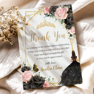 Quinceañera Black Pink Floral Girl Dress Princess Thank You Card