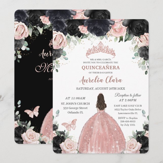 Quinceañera Black Pink Floral Rose Gold Princess Invitation (Front/Back)
