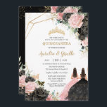Quinceañera Black Pink Roses Floral Princess Twins Invitation<br><div class="desc">Click the Edit Using Design Tools button to further edit the text,  wording,  font style,  font size,  font colour,  add more text,  move or remove some images.  The butterflies,  quince girls,  crown are moveable,  resizable,  multipliable and removable.
Matching items available in store! (c) The Happy Cat Studio</div>