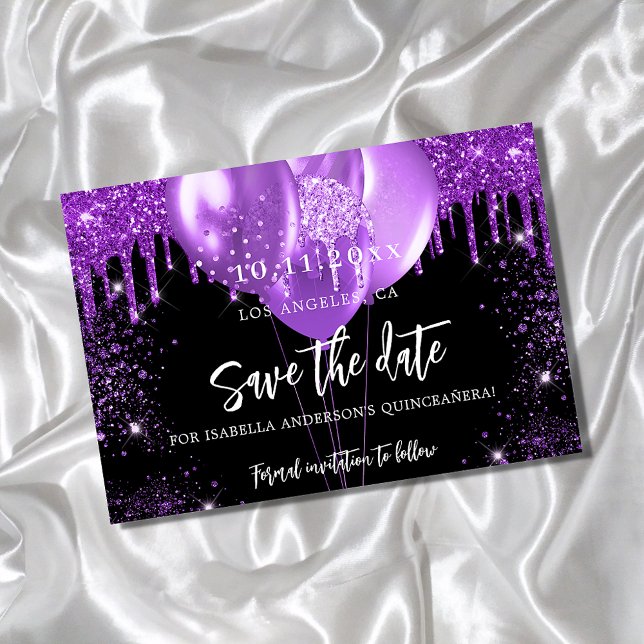 Quinceanera black purple balloons save the date (Creator Uploaded)