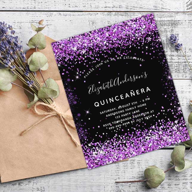 Quinceanera black purple glitter budget invitation flyer (Creator Uploaded)