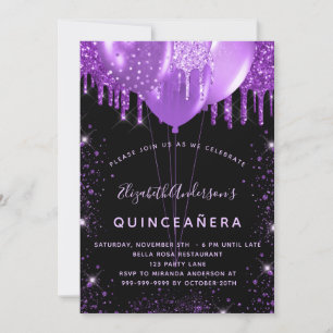 Quinceanera black purple glitter dust balloons invitation
