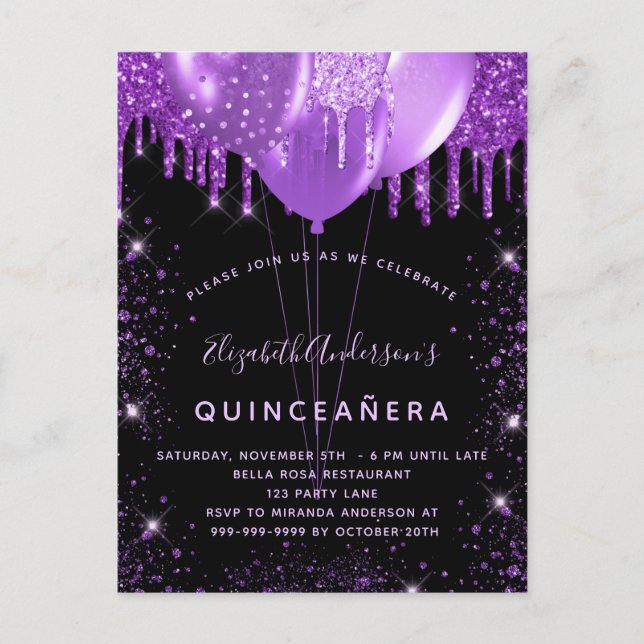 Quinceanera black purple glitter dust balloons invitation postcard (Front)
