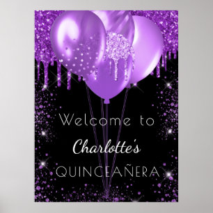 Quinceanera black purple glitter welcome balloons poster