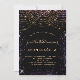 Quinceanera black purple gold glitter dust elegant invitation