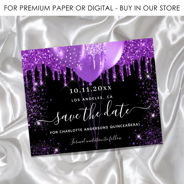 Quinceanera black purple save the date card (Creator Uploaded)
