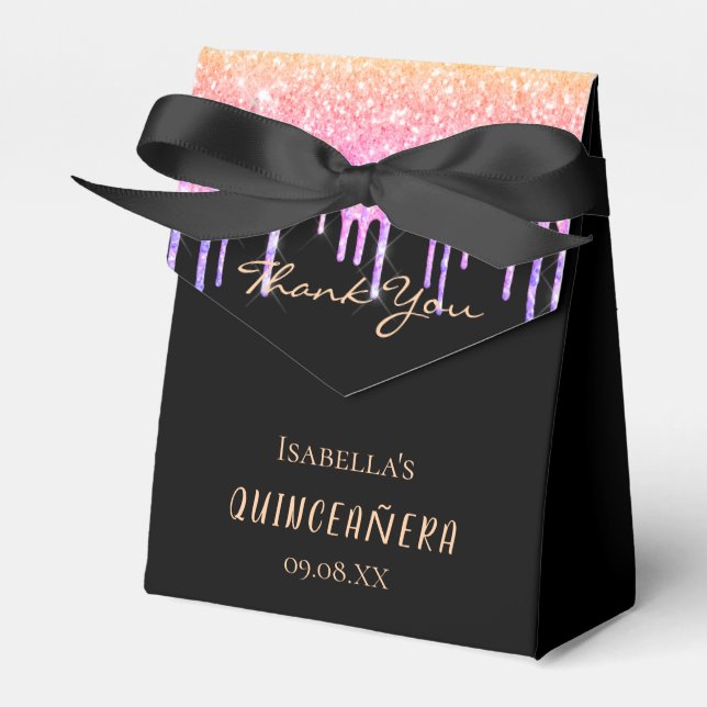 Quinceanera black rainbow glitter pink thank you favour box (Front Side)