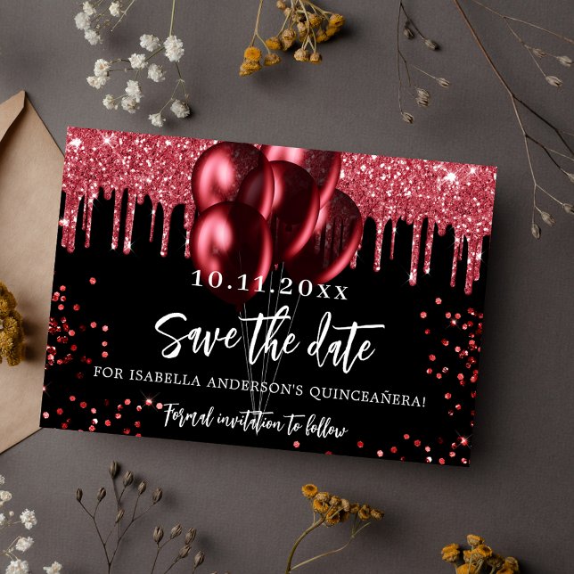 Quinceanera black red balloons glitter save the date (Creator Uploaded)
