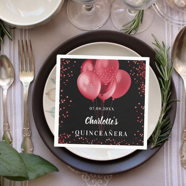 Quinceanera black red balloons napkin (Creator Uploaded)
