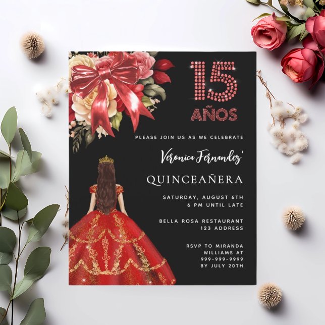 Quinceanera black red dress bow florals invitation (Creator Uploaded)