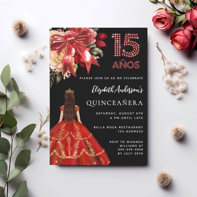 Quinceanera black red dress bow florals  invitation (Creator Uploaded)