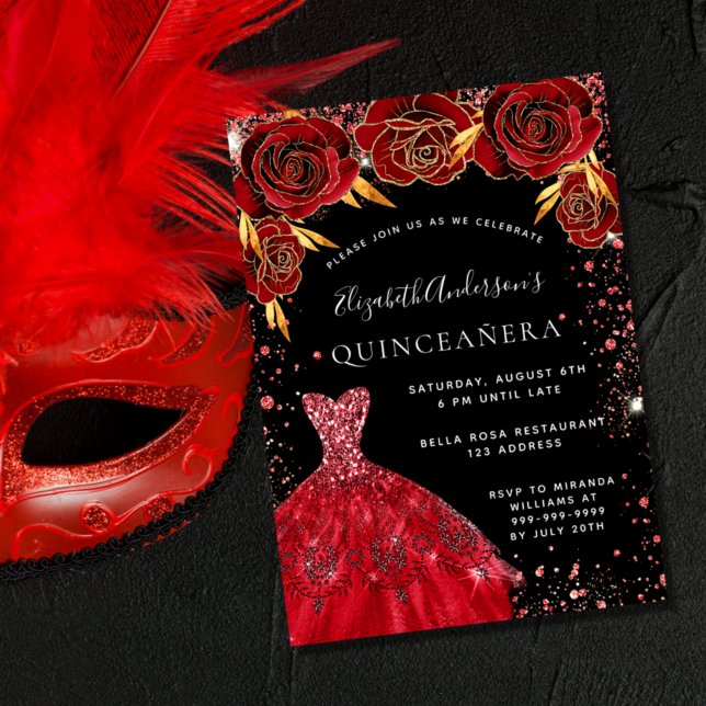 Quinceanera black red dress budget invitation flyer (Creator Uploaded)