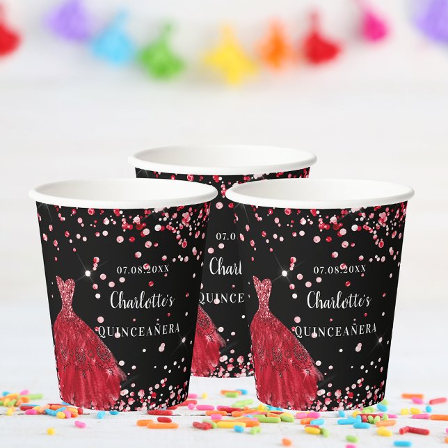 Quinceanera black red dress confetti name paper cups (Creator Uploaded)