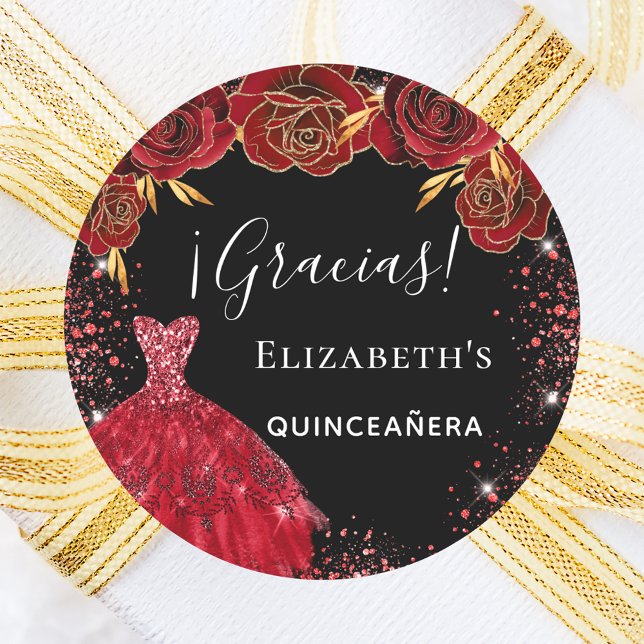 Quinceanera black red dress florals gracias classic round sticker (Creator Uploaded)