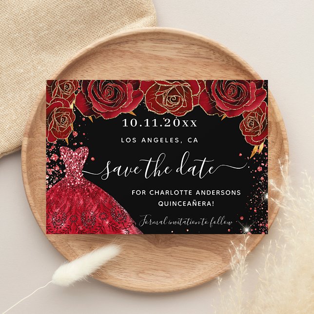 Quinceanera black red dress florals save the date (Creator Uploaded)