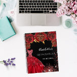 Quinceanera black red dress flowers 2024 planner<br><div class="desc">A stylish black background decorated with red flowers,  sparkles and a red dress. Personalise and add name,  age and date.</div>
