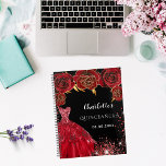 Quinceanera black red dress flowers 2025 planner<br><div class="desc">A stylish black background decorated with red flowers,  sparkles and a red dress. Personalise and add name,  age and date.</div>