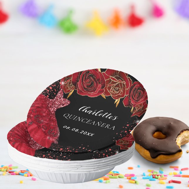 Quinceanera black red dress flowers paper plate (Creator Uploaded)