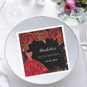Quinceanera black red dress roses napkin