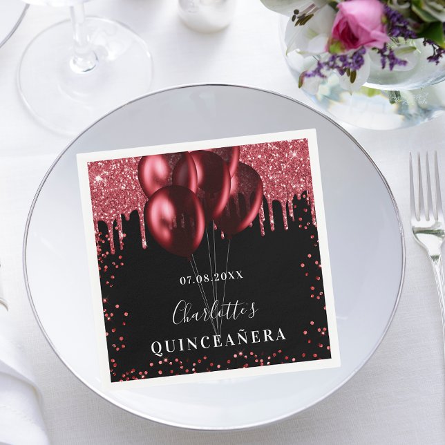 Quinceanera black red glitter balloons napkin (Creator Uploaded)