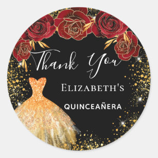 Quinceanera black red gold dress Thank You  Classic Round Sticker