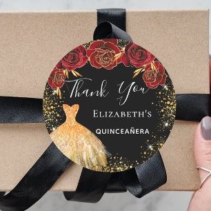 Quinceanera black red gold dress Thank You Classic Round Sticker