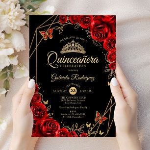 Quinceanera Black Red Gold Floral Invitation
