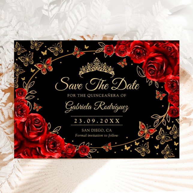Quinceanera Black Red Gold Floral Save The Date (Creator Uploaded)