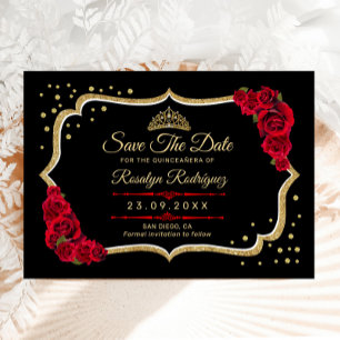 Quinceanera Black Red Gold Floral Save The Date