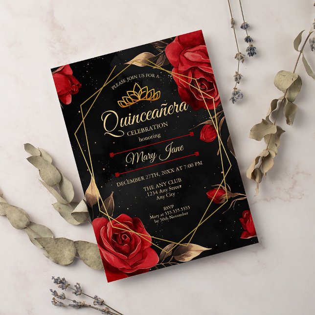 Quinceanera Black Red Gold Invitation (Creator Uploaded)