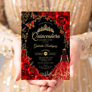 Quinceanera Black Red Gold Invitation