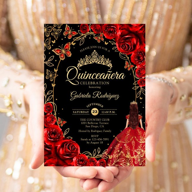 Quinceanera Black Red Gold Invitation (Creator Uploaded)