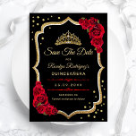 Quinceanera - Black Red Gold Save The Date<br><div class="desc">Gold black white Quinceanera celebration save the date. Features script font,  red roses,  tiara and confetti. Classy design with faux glitter gold. Perfect for an elegant glam celebration. Personalize with your own details. Printed Zazzle cards or instant download digital printable template.</div>