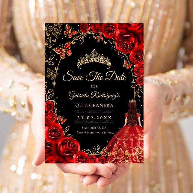 Quinceanera Black Red Gold Save The Date (Creator Uploaded)