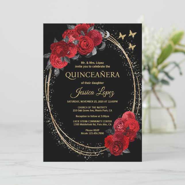 Quinceanera Black Red Roses Flowers Gold Butterfly Invitation (Standing Front)