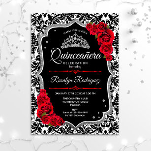 Quinceanera - Black Red Silver Invitation