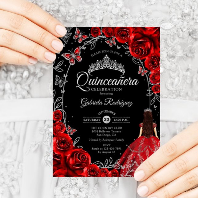 Quinceanera Black Red Silver Invitation (Creator Uploaded)