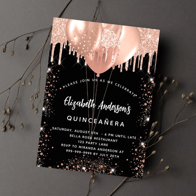 Quinceanera black rose gold ballons glitter drips invitation (Creator Uploaded)
