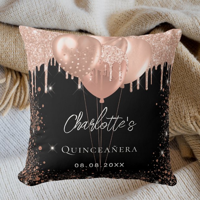 Quinceanera black rose gold balloons party cushion (Creator Uploaded)