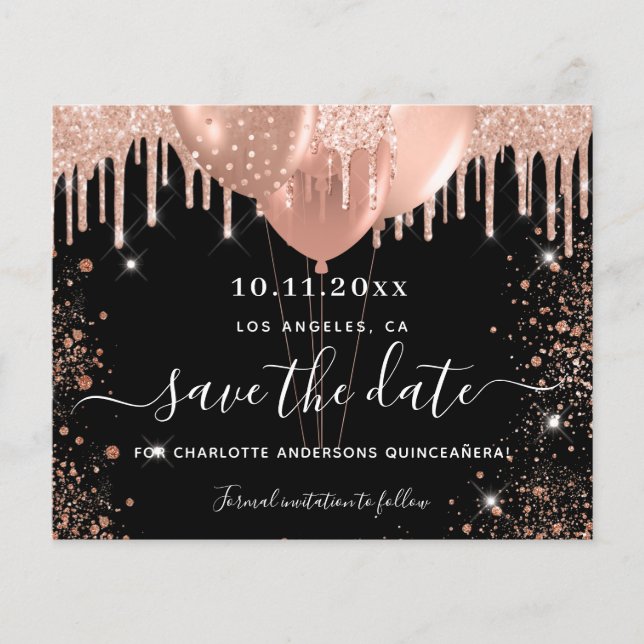 Quinceanera black rose gold budget save the date flyer (Front)