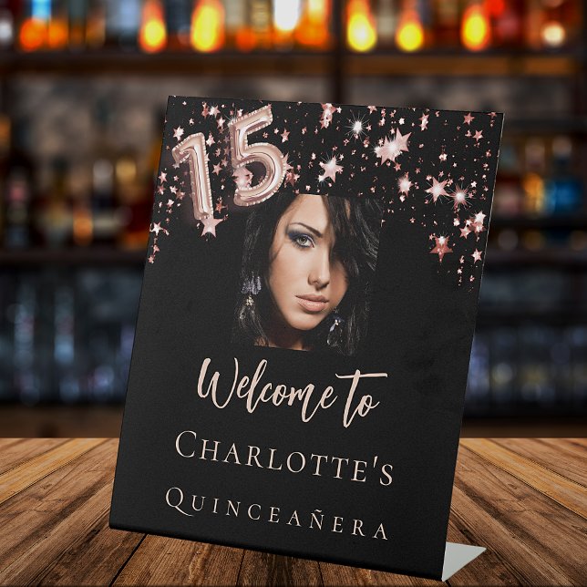 Quinceanera black rose gold photo stars welcome pedestal sign (Creator Uploaded)